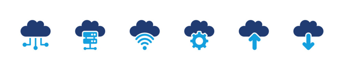 Cloud computing icon set. Data server storage sync upload download network. Solid icon collection.