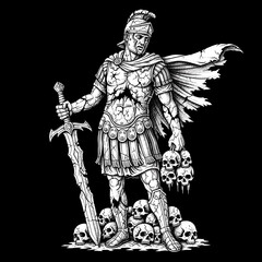 Fototapeta premium Ancient Roman warrior standing triumphantly over a pile of skulls holding a sword and a trophy of heads.