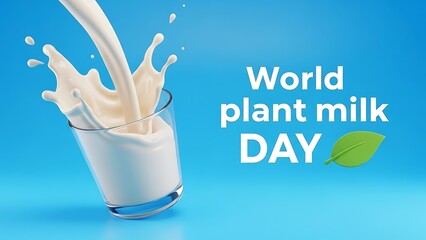 Illustration celebrating world plant milk day featuring creamy white liquid splashing dynamically into a clear drinking glass set against a vibrant gradient blue background emphasizing dairy alternati
