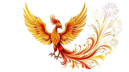 Fototapeta premium A fiery bird with outstretched wings, golden and red, rising amidst decorative swirls and fireworks on a white backdrop