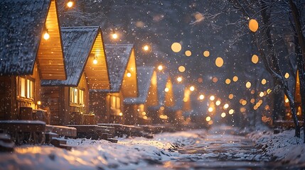 Cozy wooden cabins glowing with warm string lights in a snowy winter night with festive bokeh.