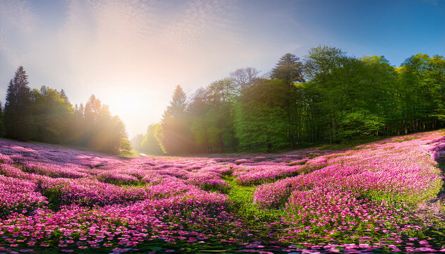 There Is A Field Of Pink Flowers In The Middle Of A Forest Lush Flowery Outdoors Field Of Pink Flowers Sunny Day Background Glowing Flowers Field Generative Ai