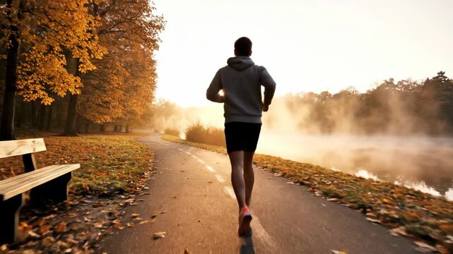 Young man runs on foggy path during golden autumn morning exercise routine.