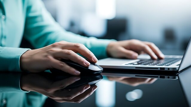 Businesswoman working on laptop with mouse in modern office setting - Powered by Adobe