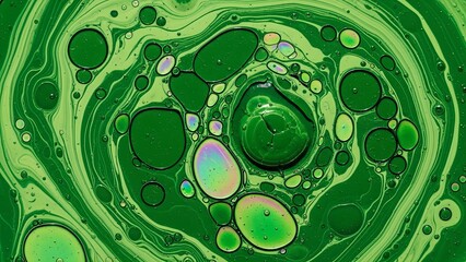 Vibrant green abstract liquid art with swirling patterns and bubbles.