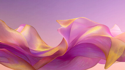 Abstract digital artwork with flowing ribbon-like textures in purple, pink, and gold. Ethereal gradient background. Ideal for creative, tech, or luxury branding visuals.