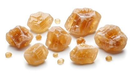 A collection of amber-colored rock candy crystals scattered on a white background.