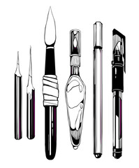 Set of hand-drawn art tools for sketching in black-and-white line art, including pens, brushes and nibs with expressive contours, graphic contrast, isolated on white background.
