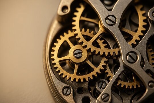 Mechanical Harmony: An intricate display of timekeeping's inner workings, highlighting gears and screws meticulously arranged, emphasizing precision and design.