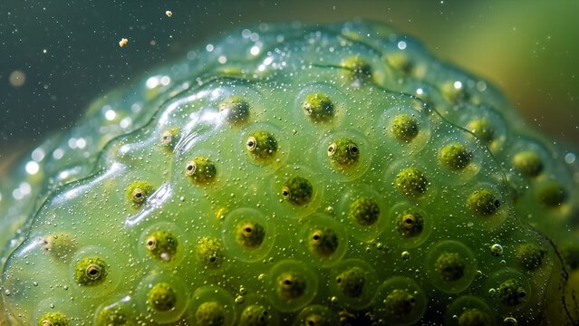 A macro view of green frog spawn with developing embryos underwater.