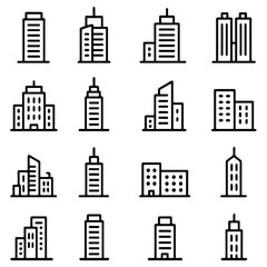 Obraz premium Urban Architecture Icon Collection: A meticulously curated assembly of vector icons representing a variety of modern buildings, skyscrapers, and architectural designs.
