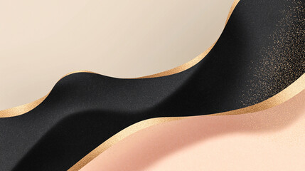 Luxury abstract background with black, beige, and peach waves, accented by glittering gold edges. Elegant texture and soft gradients are ideal for fashion, branding, or modern design themes.