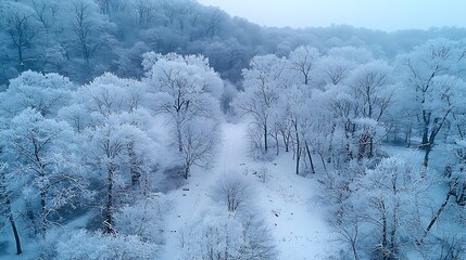 Aerial view of a snowy winter forest with bare trees, a winding path, and a cold blue landscape.