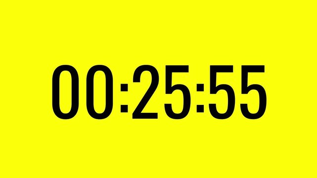 Modern countdown timer from 26 minute to 25 minute on yellow background suitable for presentations, productivity, educational content, and more