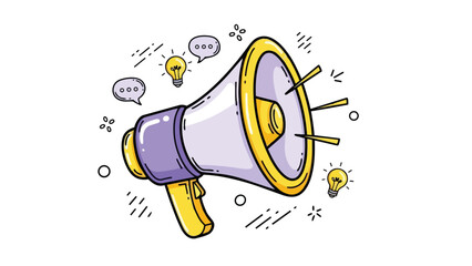 Flat vector of a cartoon megaphone broadcasting ideas, surrounded by speech bubbles and glowing lightbulbs. Ideal for marketing, announcements or creative brainstorming concepts.