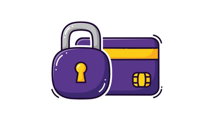 Flat vector of a secure payment card in purple with yellow stripe and chip, protected by a matching padlock. Ideal for finance, online shopping or data protection concepts.
