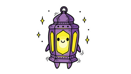 Flat vector of a kawaii-style purple lantern with glowing yellow face, tiny legs and twinkling stars. Perfect for kids content, festive greetings or playful Eid or Ramadan designs.