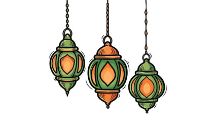 Three hand drawn traditional Arabic lanterns hanging perfect for Ramadan and Eid celebrations.