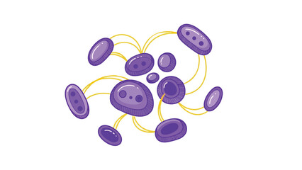 Purple blood cells connected by yellow strands in a biological illustration.