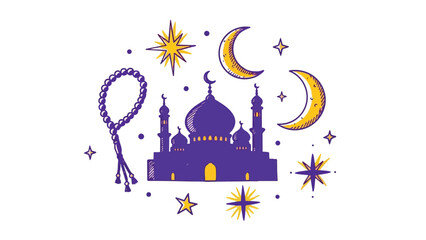 Flat vector illustration of a purple mosque flanked by prayer beads, dual crescent moons and radiant yellow stars. Perfect for spiritual content, Ramadan greetings or cultural designs.