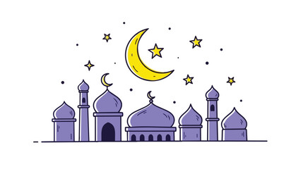 Flat vector line art of purple mosques beneath a glowing yellow crescent moon and scattered stars. Ideal for Ramadan, Eid or Islamic spiritual content and greeting designs.