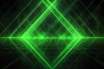 Glowing neon green geometric shapes forming intersecting diamond patterns on a dark grid background with reflections and futuristic ambiance