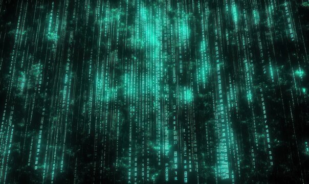 glowing green streams of digital code cascading through dark space, abstract futuristic data rain evoking mystery and high-tech tension - Powered by Adobe