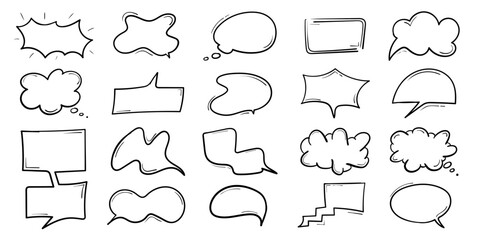 Collection set of hand drawn speech bubbles and thought bubbles in various shapes and styles