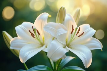 Three white lilies with visible stamens and pollen, unopened buds and green leaves bathed in warm sunlight with soft bokeh background, evoking serene elegant purity