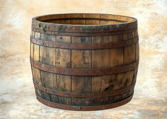 Fototapeta premium weathered wooden barrel with rusty metal hoops and green moss on a textured neutral background, evoking rustic nostalgia and aged craftsmanship