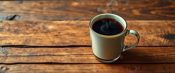 Steaming cup of dark roast coffee on rustic wooden table, black, aroma