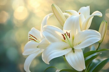 Fototapeta premium Close-up of white lilies with buds and green leaves bathed in soft golden bokeh light, serene and elegant spring floral scene
