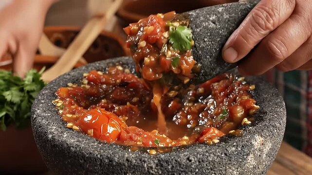 Preparing Salsa in a Molcajete.