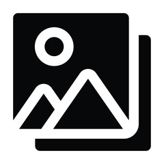 Solid black glyph showing stacked photo frames. Minimal design for photography, memories, travel documentation, media content, and visual storytelling themes. © Rikas Dzihab