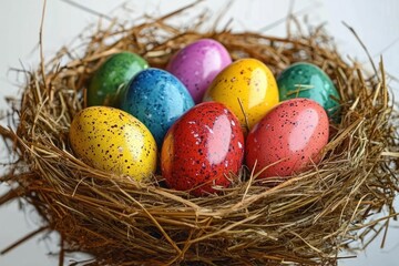 Obraz premium cheerful arrangement of colorful speckled eggs in a rustic straw nest