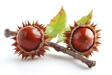 Two glossy chestnuts nestled in spiky brown burrs on a twig with green leaves, crisp autumnal still life with a warm inviting mood