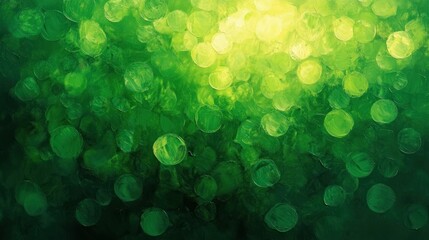 Abstract image with varying shades of green circles resembling glowing bubbles or light spots overlapping and blending in a textured pattern