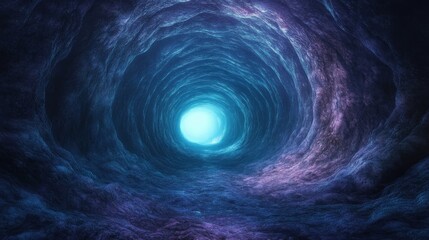 spiraling blue and purple rock tunnel with glowing central light and textured walls, a deep passage evoking mystery and awe