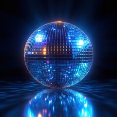 glowing mirrored disco ball sphere covered in blue mosaic tiles reflecting vibrant blue and orange light on a glossy surface, evoking an energetic futuristic party atmosphere