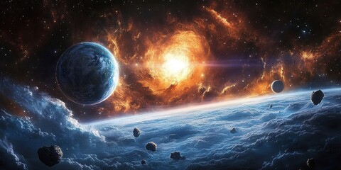 blue planet rising above a cloud-covered horizon with orbiting moons and scattered asteroids beneath a fiery glowing nebula and distant stars, evoking awe and cosmic wonder