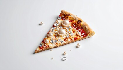 A Slice Of Pizza Decorated With Shiny Diamonds And White Pearls