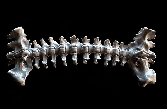 Detailed view of a human spine skeleton isolated on black background showing vertebrae and pelvic bones with anatomical structure
