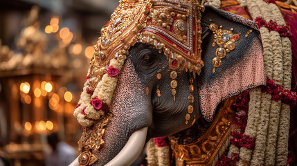 Ornate elephant's ceremonial procession during Navam Poya Day in Sri Lanka's vibrant cultural Navam Perahera festival
