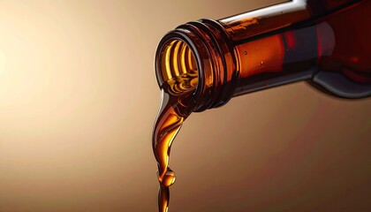 Dark Brown Liquid Pouring From A Glass Bottle Opening Against A Warm Background