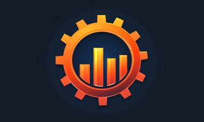 glowing orange gear encircling a golden ascending bar chart, conveying dynamic growth and optimistic progress on a dark navy background