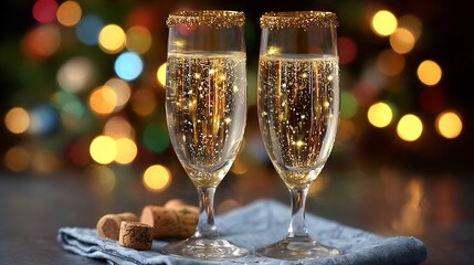 Champagne glasses golden sparkle lights and festive bokeh luxury celebration mood elegant party background