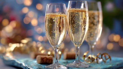 Champagne glasses golden sparkle lights and festive bokeh luxury celebration mood elegant party background