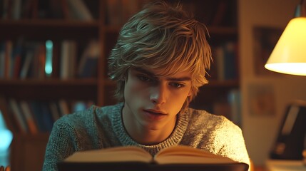Focused Young Man Reading a Book Under Warm Lamp Light in a Cozy Study Setting