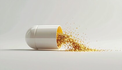 Open white capsule spilling out sparkling golden particles on a light surface