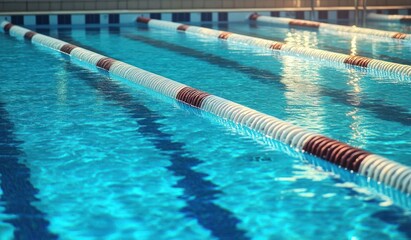 Obraz premium Empty lap pool with lane dividers and shimmering turquoise water, calm reflective surface and inviting tranquil atmosphere